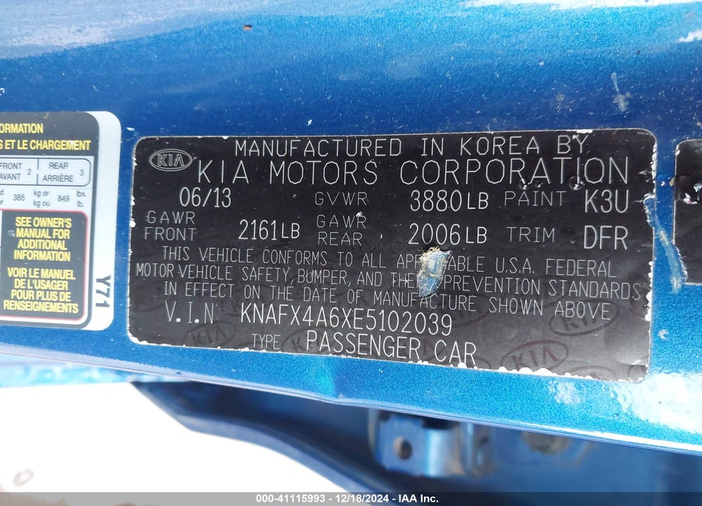 2014 KIA FORTE LX VIN: KNAFX4A6XE5102039