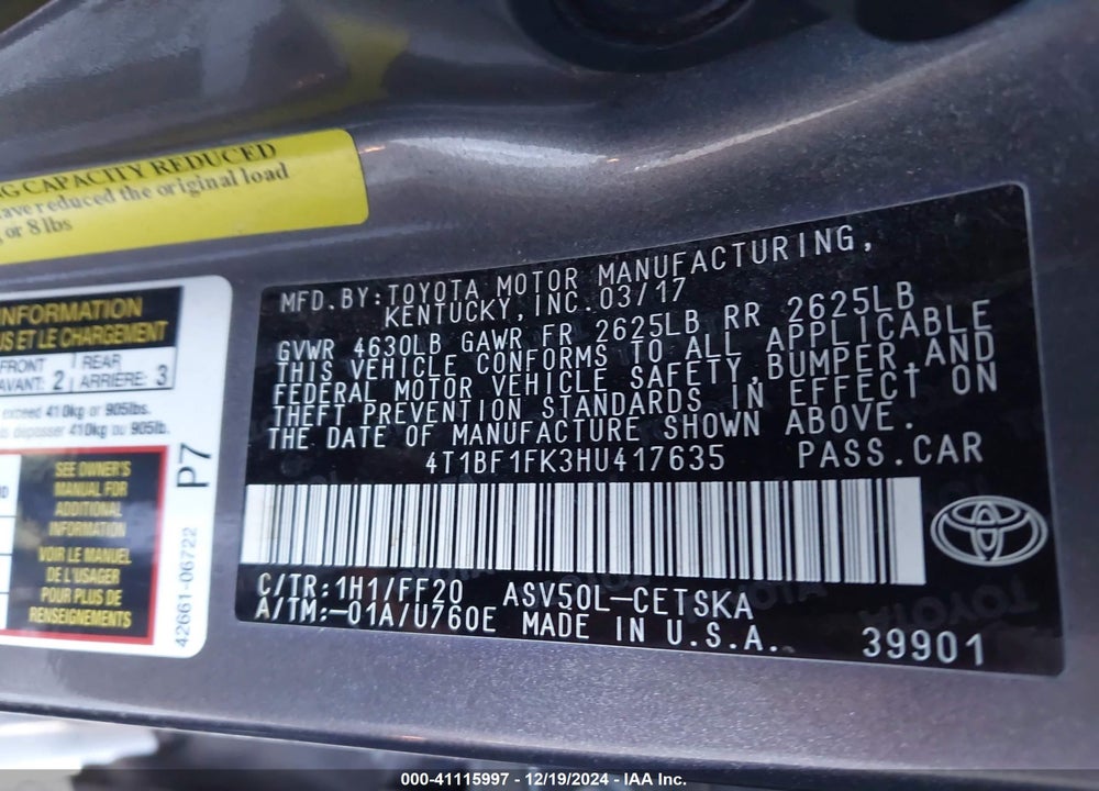2017 TOYOTA CAMRY SE VIN: 4T1BF1FK3HU417635