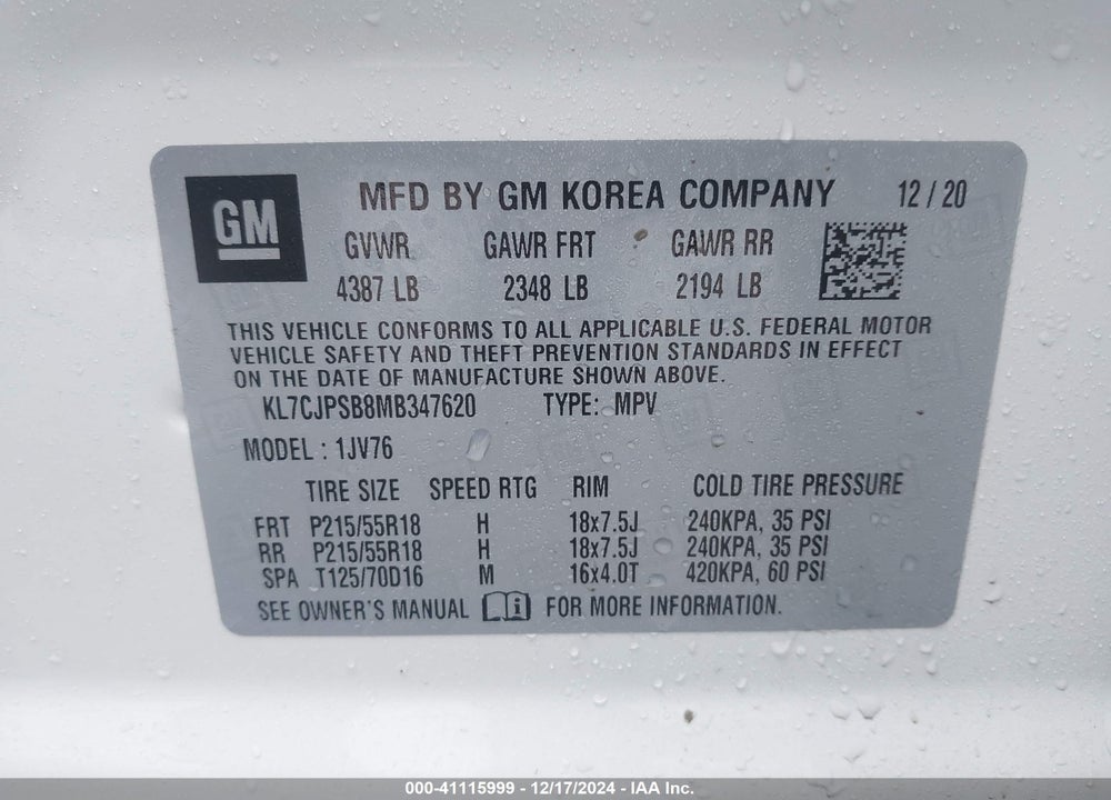 2021 CHEVROLET TRAX AWD LT VIN: KL7CJPSB8MB347620