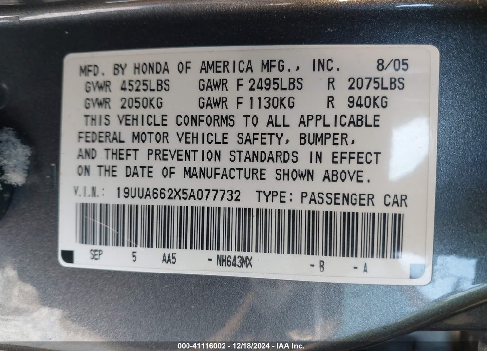2005 ACURA TL VIN: 19UUA662X5A077732