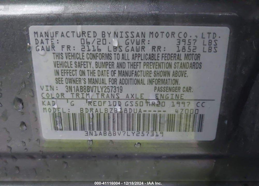 2020 NISSAN SENTRA S XTRONIC CVT VIN: 3N1AB8BV7LY257319