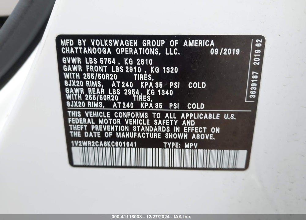 2019 VOLKSWAGEN ATLAS 3.6L V6 SE W/TECHNOLOGY VIN: 1V2WR2CA6KC601641