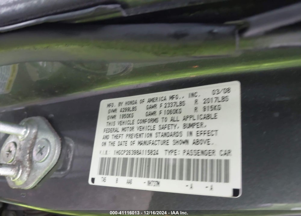 2008 HONDA ACCORD 2.4 LX VIN: 1HGCP26398A115824
