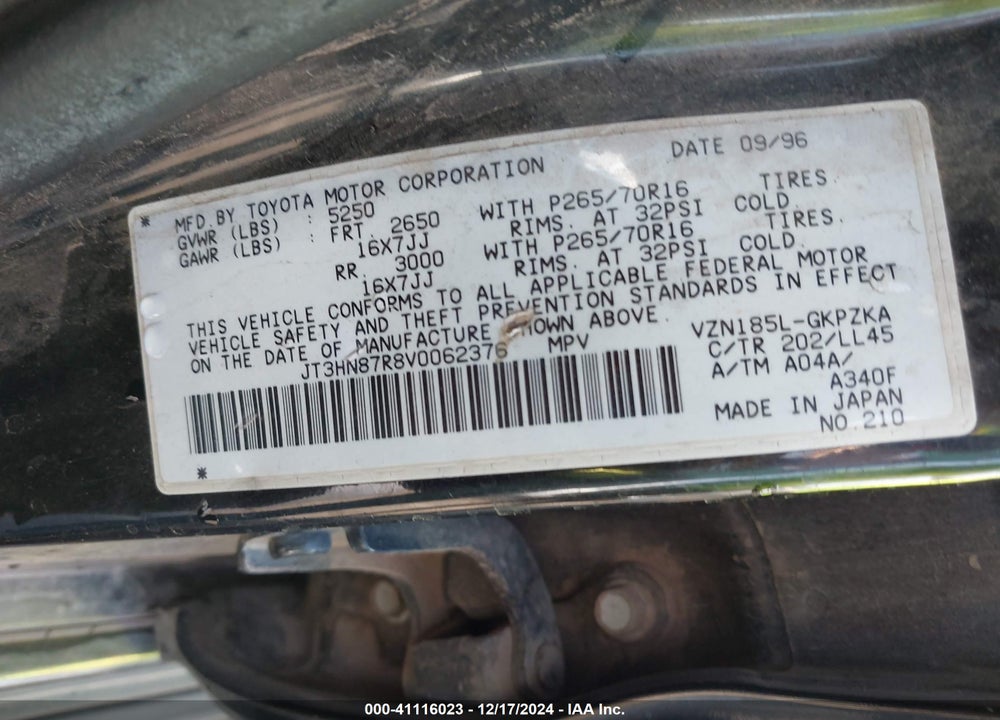 1997 TOYOTA 4RUNNER SR5 V6 LIMITED VIN: JT3HN87R8V0062376