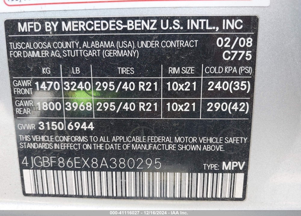2008 MERCEDES-BENZ GL 550 4MATIC VIN: 4JGBF86EX8A380295
