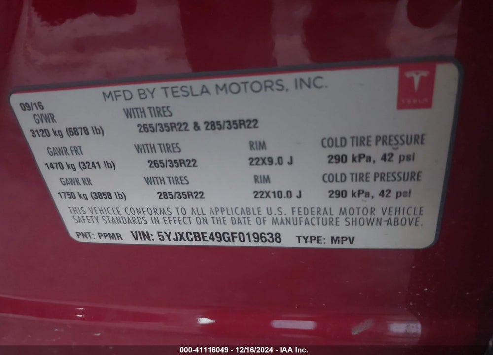 2016 TESLA MODEL X 75D/P100D/P90D VIN: 5YJXCBE49GF019638
