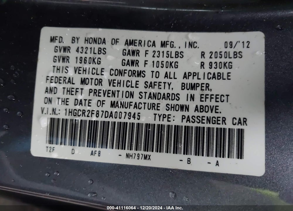 2013 HONDA ACCORD EX-L VIN: 1HGCR2F87DA007945