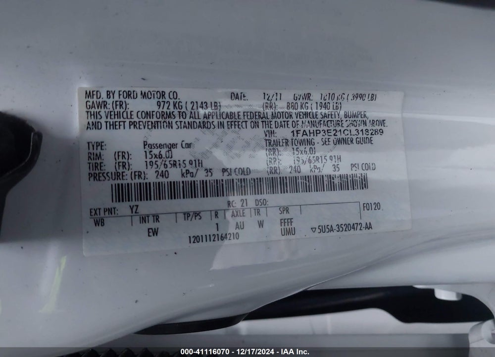 2012 FORD FOCUS VIN: 1FAHP3E21CL318289