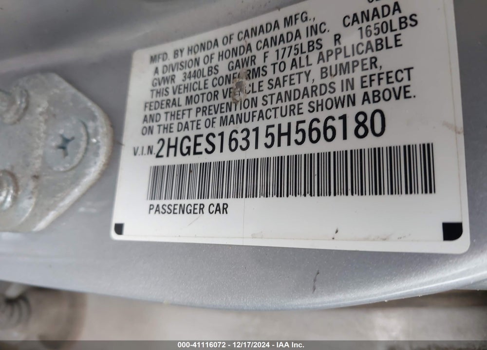 2005 HONDA CIVIC VP VIN: 2HGES16315H566180
