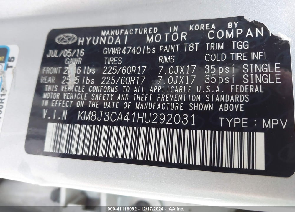 2017 HYUNDAI TUCSON SE VIN: KM8J3CA41HU292031