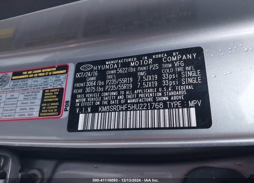 2017 HYUNDAI SANTA FE SE ULTIMATE VIN: KM8SRDHF5HU221768