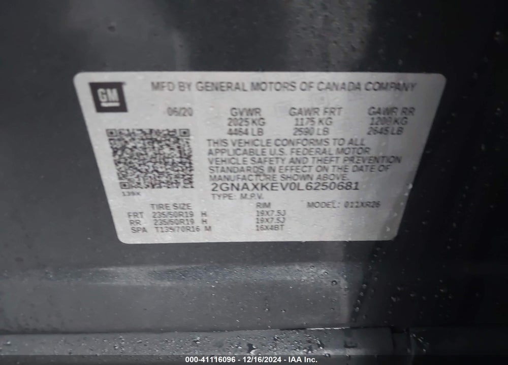 2020 CHEVROLET EQUINOX FWD LT 1.5L TURBO VIN: 2GNAXKEV0L6250681