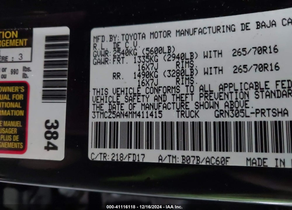 2021 TOYOTA TACOMA VIN: 3TMCZ5AN4MM411415