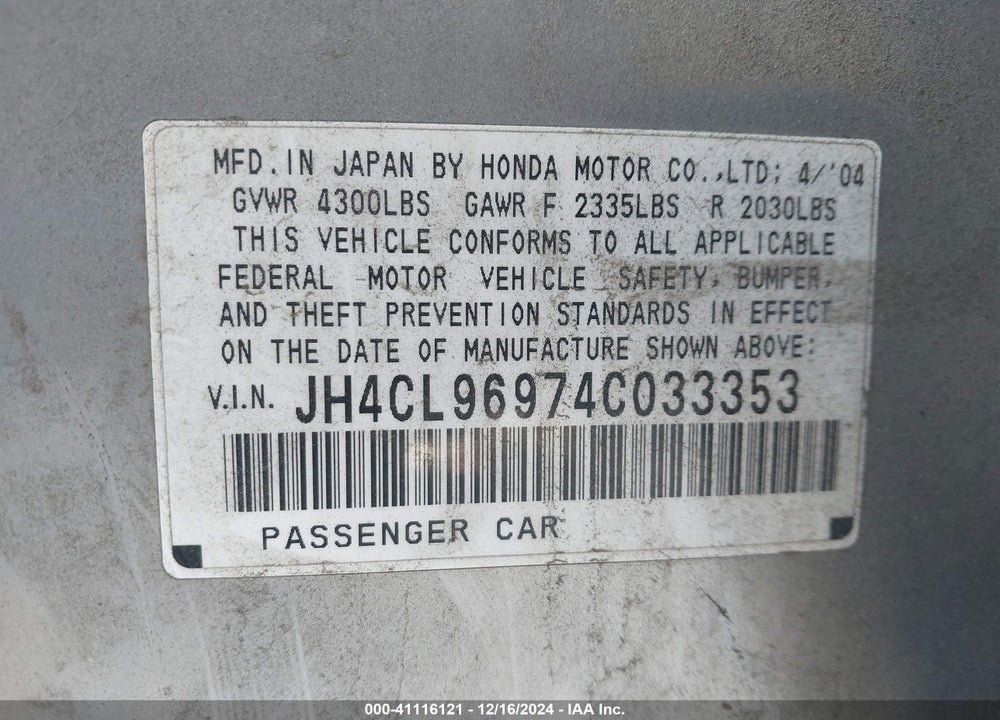 2004 ACURA TSX VIN: JH4CL96974C033353