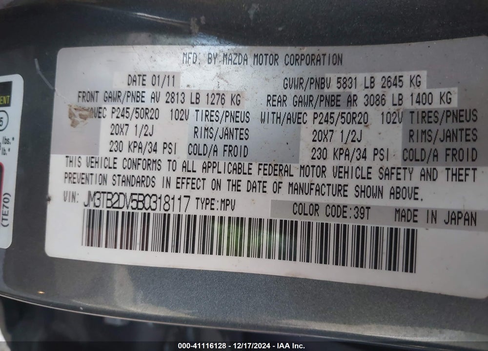 2011 MAZDA CX-9 GRAND TOURING VIN: JM3TB2DV5B0318117
