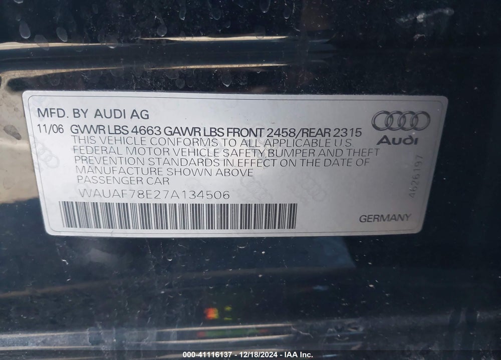 2007 AUDI A4 2.0T VIN: WAUAF78E27A134506