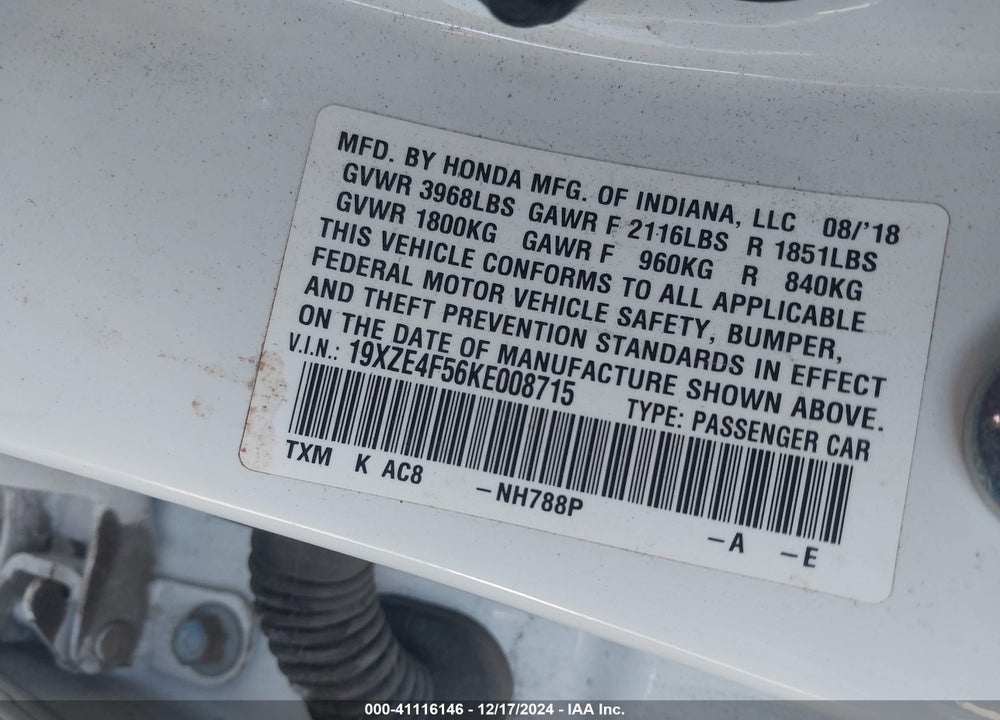 2019 HONDA INSIGHT EX VIN: 19XZE4F56KE008715