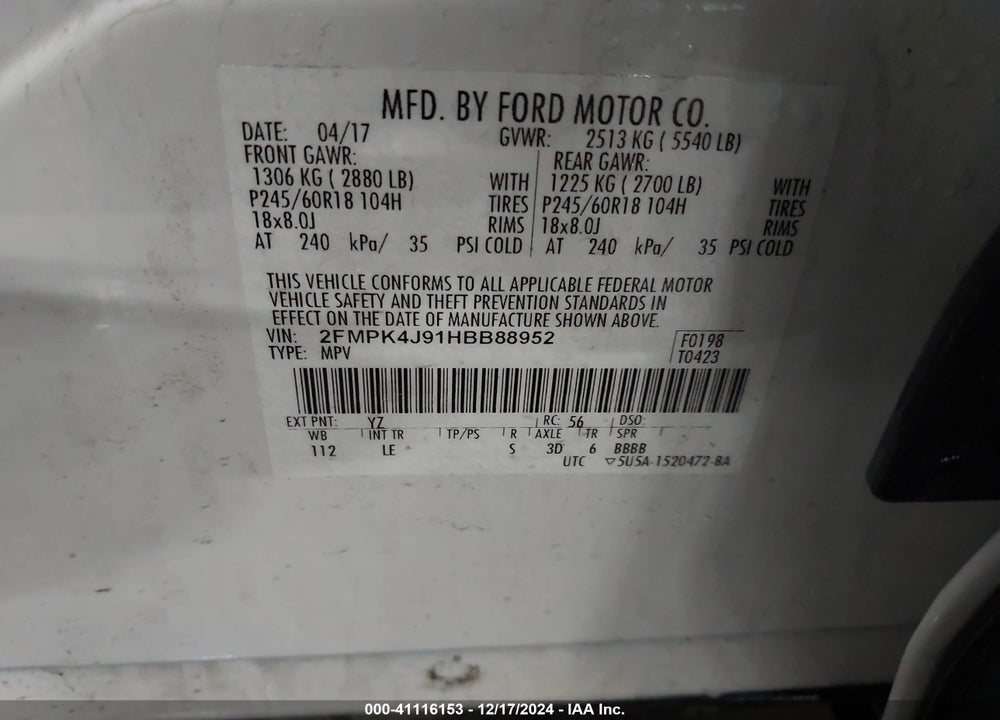 2017 FORD EDGE SEL VIN: 2FMPK4J91HBB88952