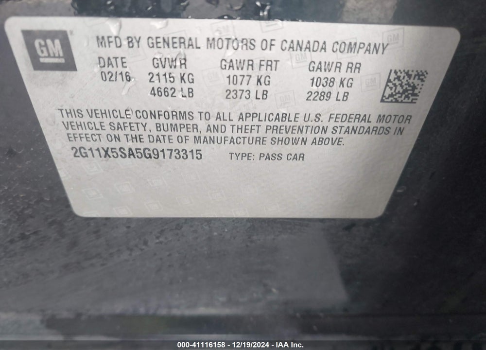 2016 CHEVROLET IMPALA VIN: 2G11X5SA5G9173315