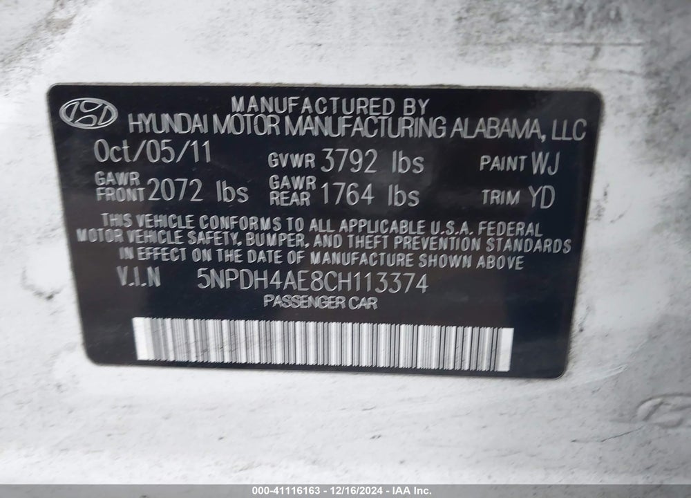 2012 HYUNDAI ELANTRA LIMITED VIN: 5NPDH4AE8CH113374
