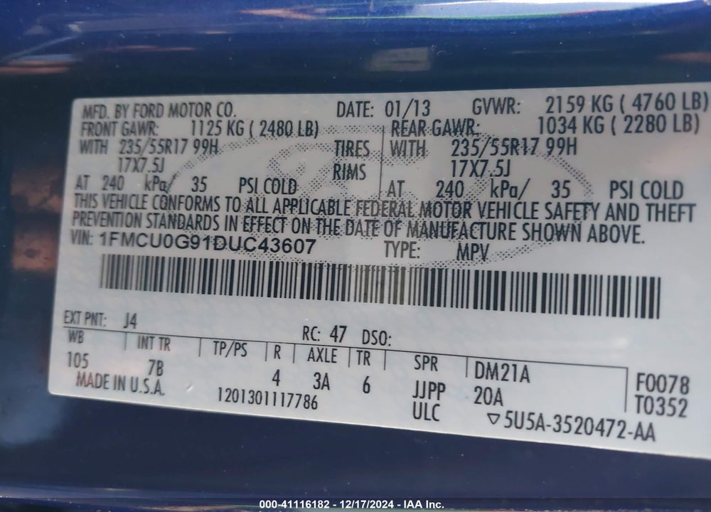 2013 FORD ESCAPE SE VIN: 1FMCU0G91DUC43607