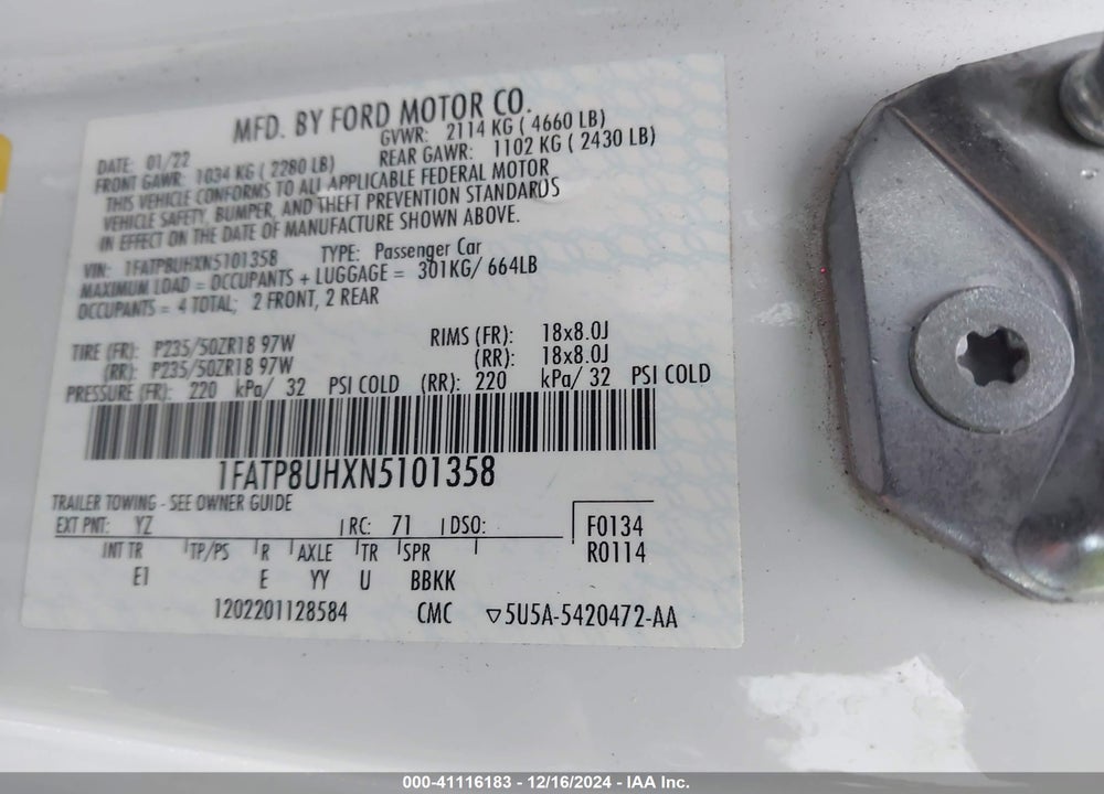 2022 FORD MUSTANG ECOBOOST PREMIUM VIN: 1FATP8UHXN5101358