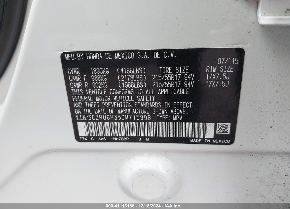 2016 HONDA HR-V LX VIN: 3CZRU6H35GM715998