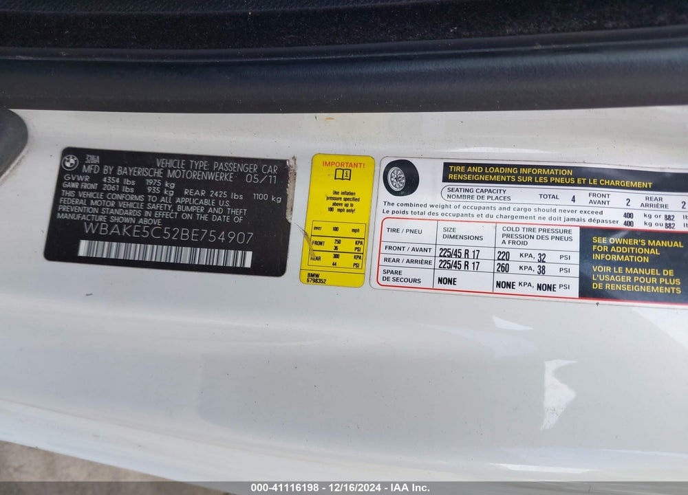 2011 BMW 328I VIN: WBAKE5C52BE754907