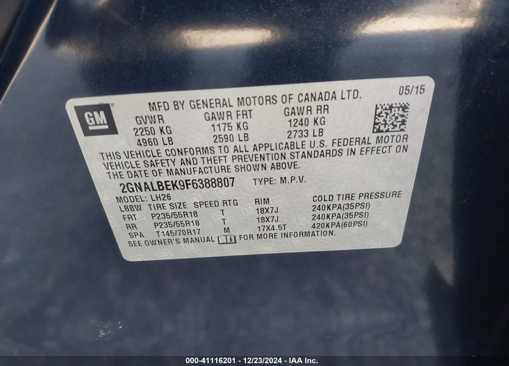 2015 CHEVROLET EQUINOX 1LT VIN: 2GNALBEK9F6388807