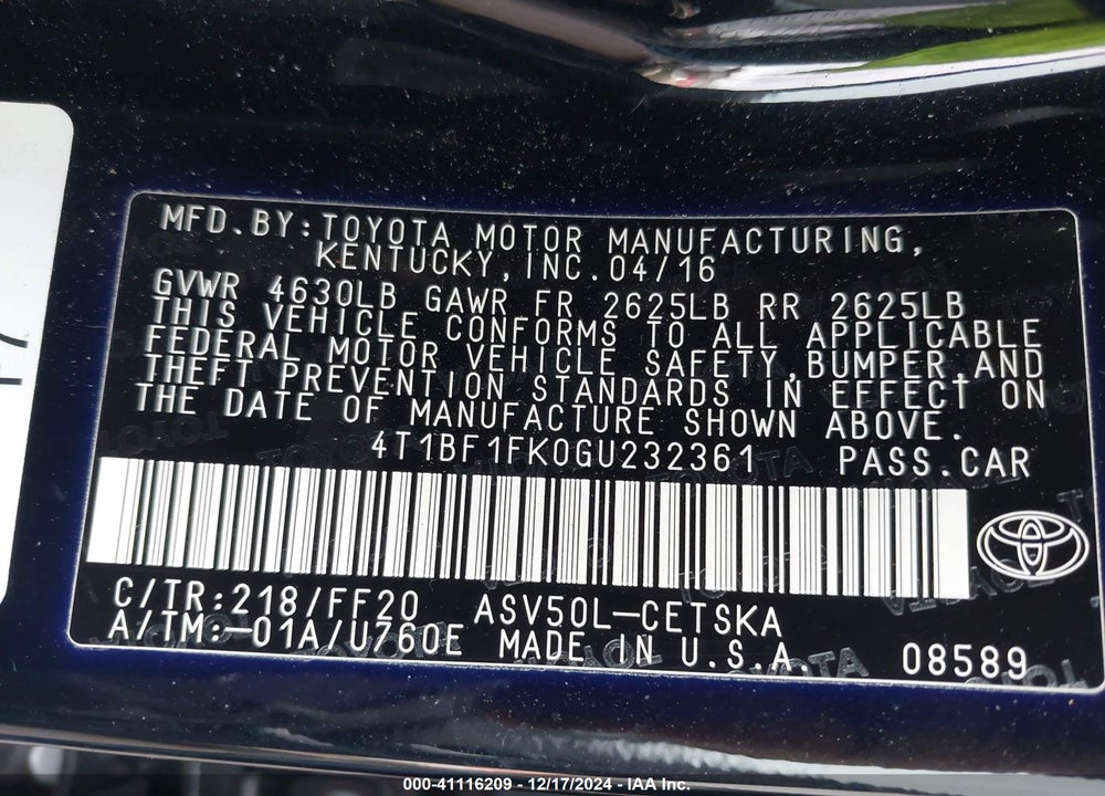 2016 TOYOTA CAMRY SE VIN: 4T1BF1FK0GU232361