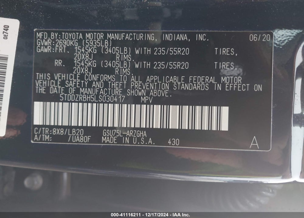 2020 TOYOTA HIGHLANDER LIMITED VIN: 5TDDZRBH5LS030417