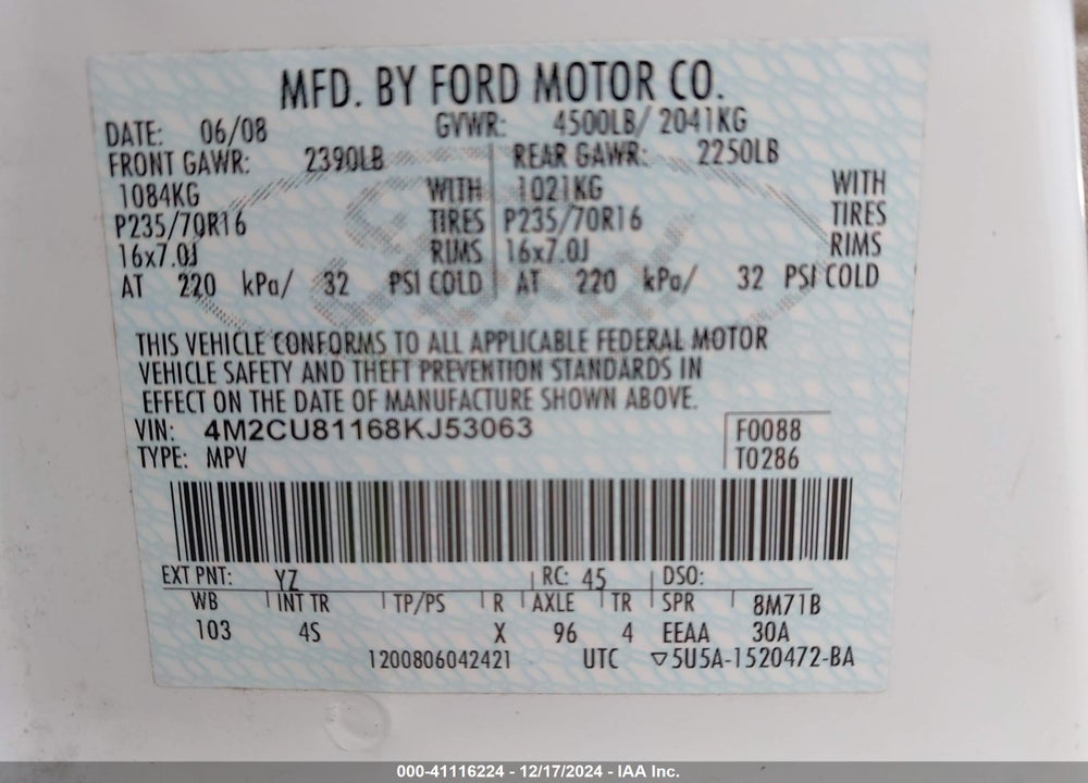 2008 MERCURY MARINER V6 VIN: 4M2CU81168KJ53063