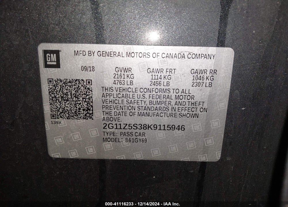 2019 CHEVROLET IMPALA LT VIN: 2G11Z5S38K9115946