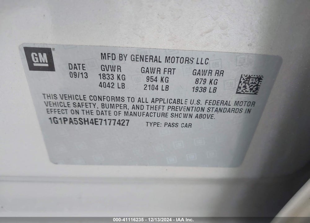 2014 CHEVROLET CRUZE LS AUTO VIN: 1G1PA5SH4E7177427