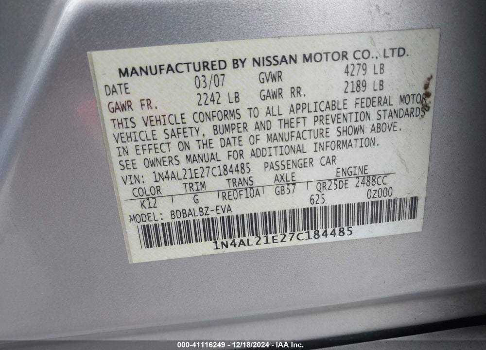 2007 NISSAN ALTIMA VIN: 1N4AL21E27C184485
