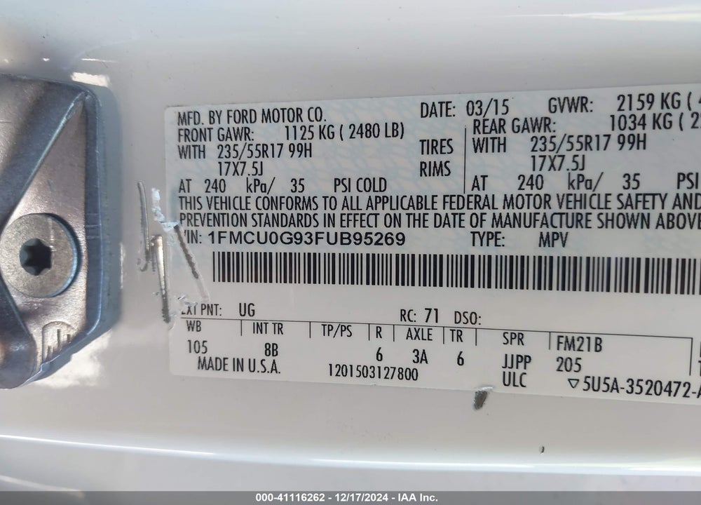 2015 FORD ESCAPE SE VIN: 1FMCU0G93FUB95269