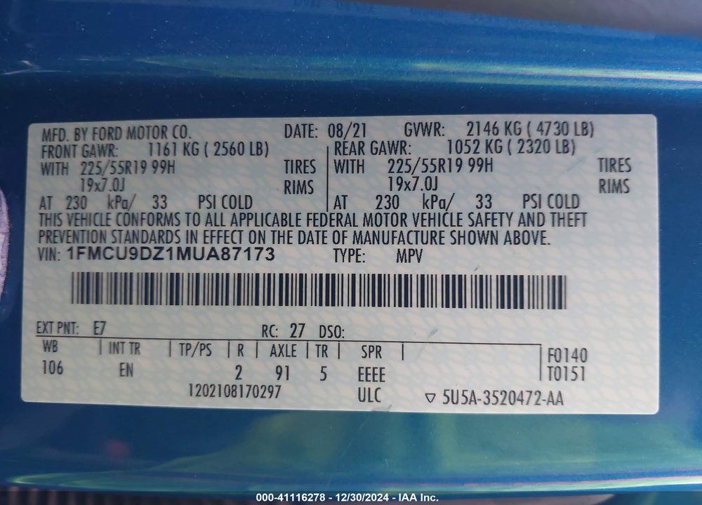 2021 FORD ESCAPE TITANIUM HYBRID VIN: 1FMCU9DZ1MUA87173