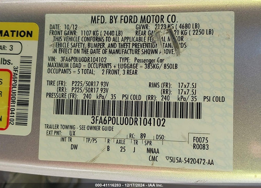 2013 FORD FUSION HYBRID VIN: 3FA6P0LU0DR104102