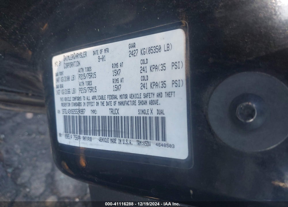 2002 DODGE DAKOTA SLT VIN: 1B7GL42X92S524987