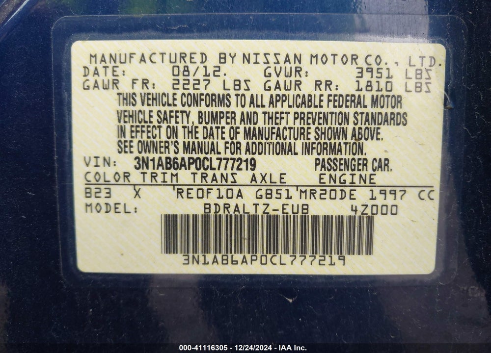 2012 NISSAN SENTRA 2.0 S VIN: 3N1AB6AP0CL777219