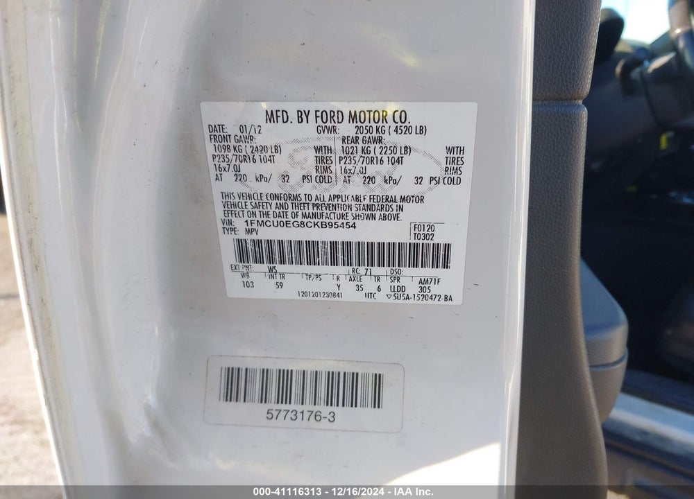 2012 FORD ESCAPE LIMITED VIN: 1FMCU0EG8CKB95454