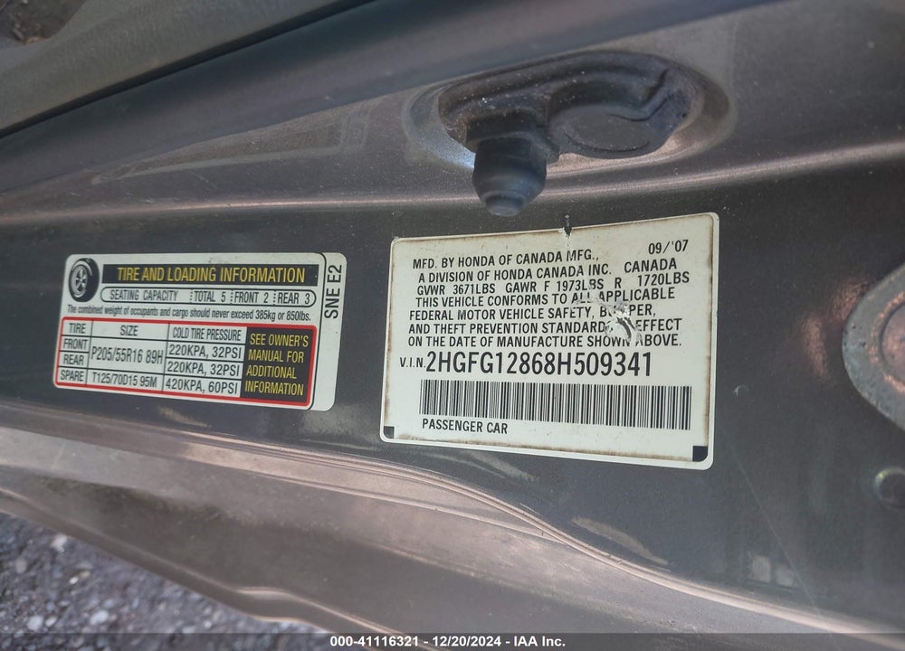 2008 HONDA CIVIC VIN: 2HGFG12868H509341