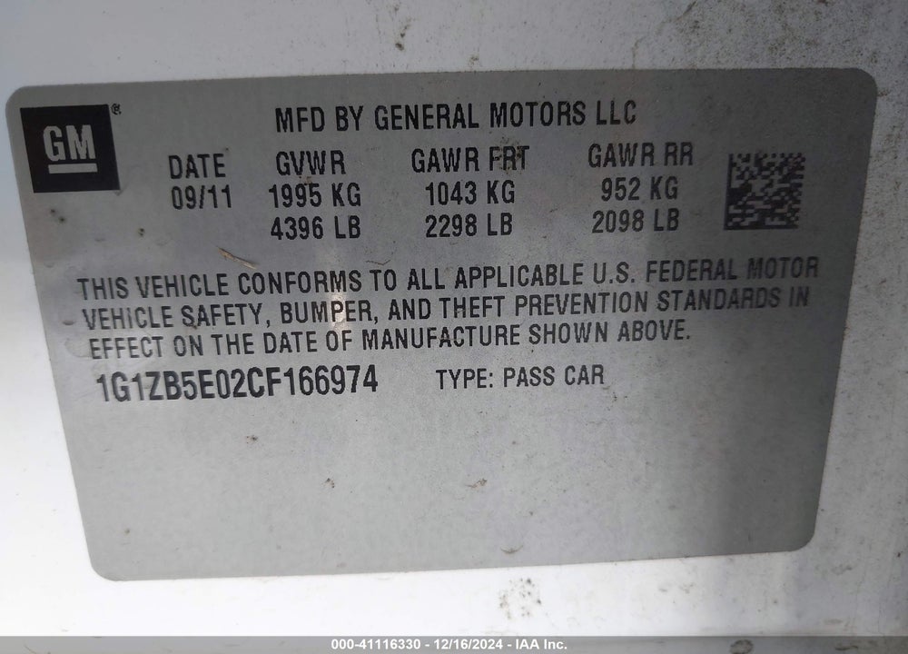 2012 CHEVROLET MALIBU LS VIN: 1G1ZB5E02CF166974