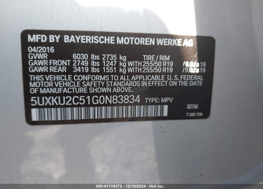 2016 BMW X6 XDRIVE35I VIN: 5UXKU2C51G0N83834