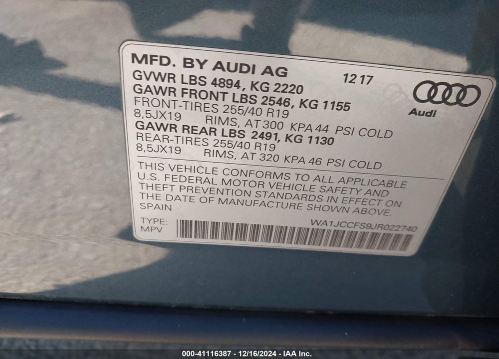 2018 AUDI Q3 2.0T PREMIUM/2.0T SPORT PREMIUM VIN: WA1JCCFS9JR022740
