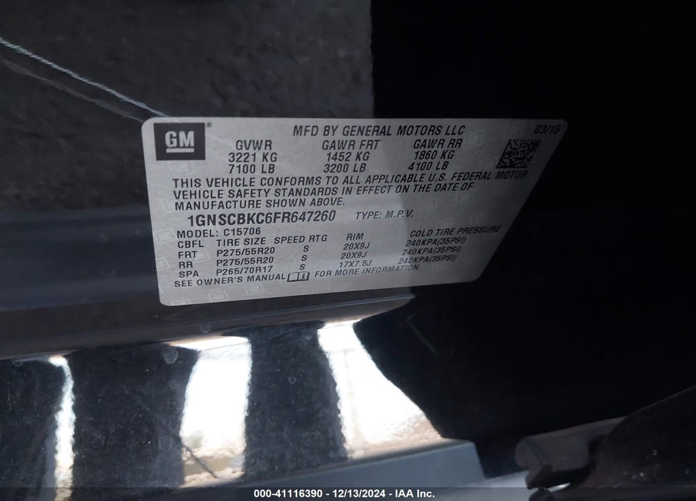 2015 CHEVROLET TAHOE LT VIN: 1GNSCBKC6FR647260