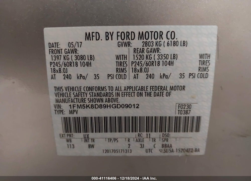 2017 FORD EXPLORER XLT VIN: 1FM5K8D89HGD09012