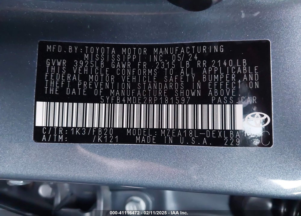 2024 TOYOTA COROLLA VIN: 5YFB4MDE2RP181597