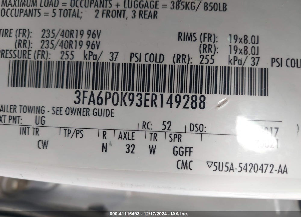 2014 FORD FUSION TITANIUM VIN: 3FA6P0K93ER149288