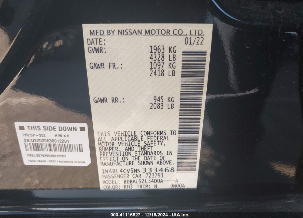 2022 NISSAN ALTIMA VIN: 1N4BL4CV5NN333468